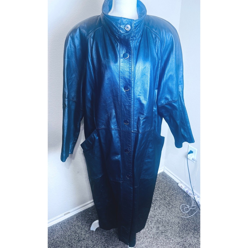 Vintage Pelle NY Black Leather Maxi Trench Coat Duster Womens XL Goth Matrix